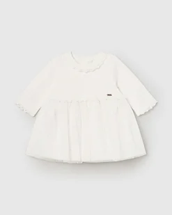 Abito bianco fit and flare a maniche lunghe in misto viscosa con tulle