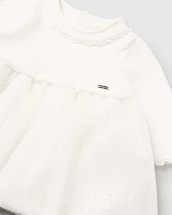 Abito bianco fit and flare a maniche lunghe in misto viscosa con tulle