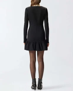Abito corto nero Pinko in viscosa stretch lavorata a punto stoffa a maniche lunghe con ampio scollo e gonna a palloncino