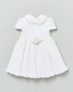 Abito fit and flare bianco a maniche corte velour con fiore e gonna a ruota