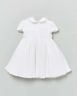 Abito fit and flare bianco a maniche corte velour con fiore e gonna a ruota