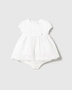 Abito fit and flare bianco con tulle e ricamo a fiori all-over