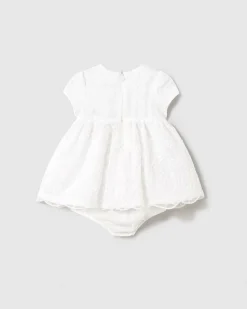 Abito fit and flare bianco con tulle e ricamo a fiori all-over