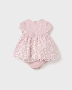 Abito fit and flare rosa con tulle e ricamo a fiori all-over