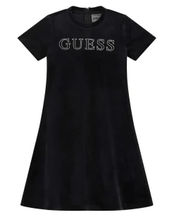 Abito longuette Guess nero in ciniglia a maniche corte con logo in strass