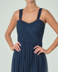 Abito lungo blu navy in tulle senza maniche e corpetto con drappeggio incrociato