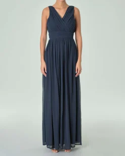Abito lungo blu navy senza maniche in georgette con scollo a V incrociato
