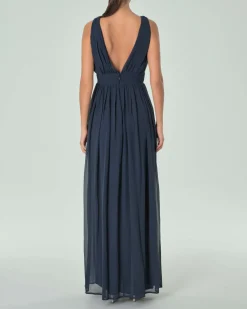 Abito lungo blu navy senza maniche in georgette con scollo a V incrociato