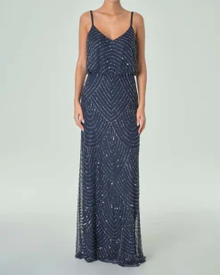Abito lungo blu navy senza maniche con spalline sottili e taglio in vita rimborsato con ricami in perline tono su tono