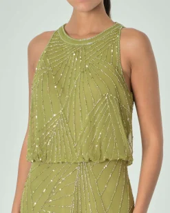 Abito lungo color lime con scollo all'americana e taglio in vita rimborsato con ricami in perline tono su tono