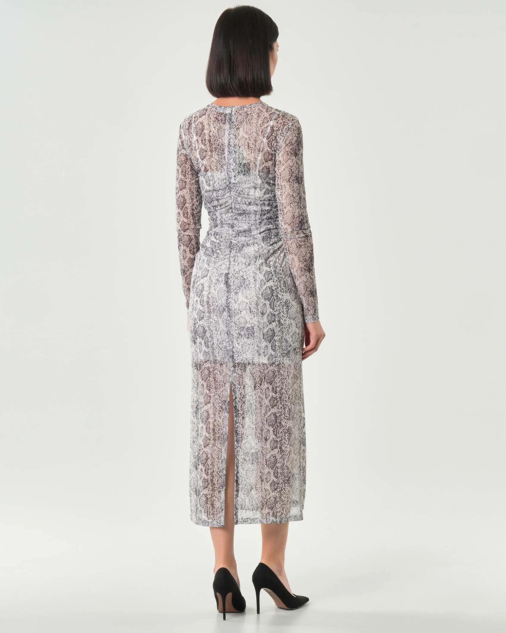 Abito lungo in tulle a fantasia pitonata Emme Marella con arricciatura e maniche lunghe