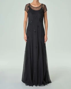 Abito lungo in tulle con ricami in perline tono su tono e sottoveste con spalline sottili