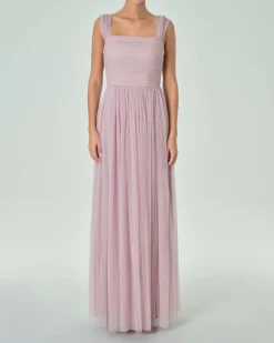 Abito lungo rosa tonalitร fredda in tulle senza maniche e corpetto drappeggiato