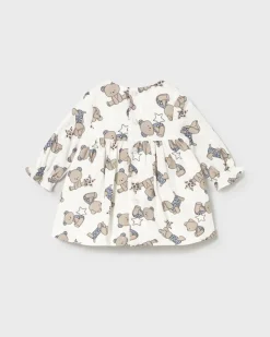 Abito Mayoral avorio fit and flare a maniche lunghe in velluto con stampa orsetti