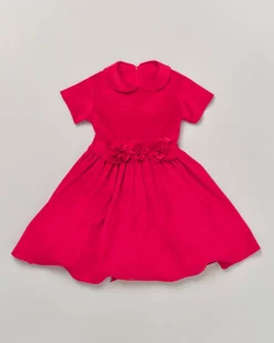 Abito mezza manica rosso in velluto con applicazione floreale 4-6 anni