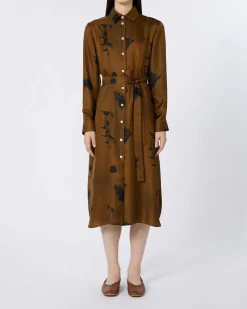 Abito midi chemisier color cuoio in seta a stampa fiori neri MM Max Mara con cintura in vita