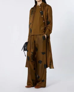 Abito midi chemisier color cuoio in seta a stampa fiori neri MM Max Mara con cintura in vita