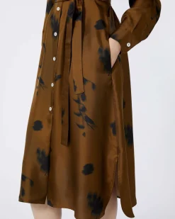 Abito midi chemisier color cuoio in seta a stampa fiori neri MM Max Mara con cintura in vita