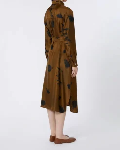 Abito midi chemisier color cuoio in seta a stampa fiori neri MM Max Mara con cintura in vita