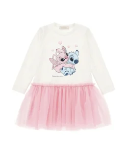 Abito Monnalisa con gonna in tulle rosa e t-shirt a manica lunga avorio con stampa Stitch Disney