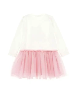 Abito Monnalisa con gonna in tulle rosa e t-shirt a manica lunga avorio con stampa Stitch Disney