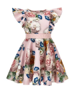 Abito Monnalisa mini in neoprene rosa a fantasia floreale multicolor con maniche ad aletta