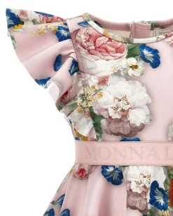 Abito Monnalisa mini in neoprene rosa a fantasia floreale multicolor con maniche ad aletta