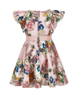 Abito Monnalisa mini in neoprene rosa a fantasia floreale multicolor con maniche ad aletta