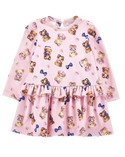 Abito Monnalisa mini rosa in viscosa stretch con stampa orsetti all-over