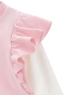 Abito Monnalisa rosa a in felpa di cotone stretch con volants e maniche lunghe bianche