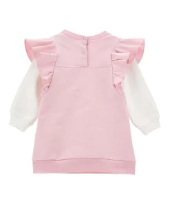 Abito Monnalisa rosa a in felpa di cotone stretch con volants e maniche lunghe bianche
