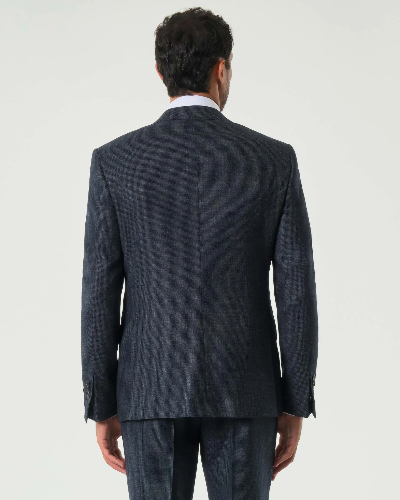 Abito Pellizzari drop6 blu micro pied de poule in tela di lana e seta Vitale Barberis Canonico