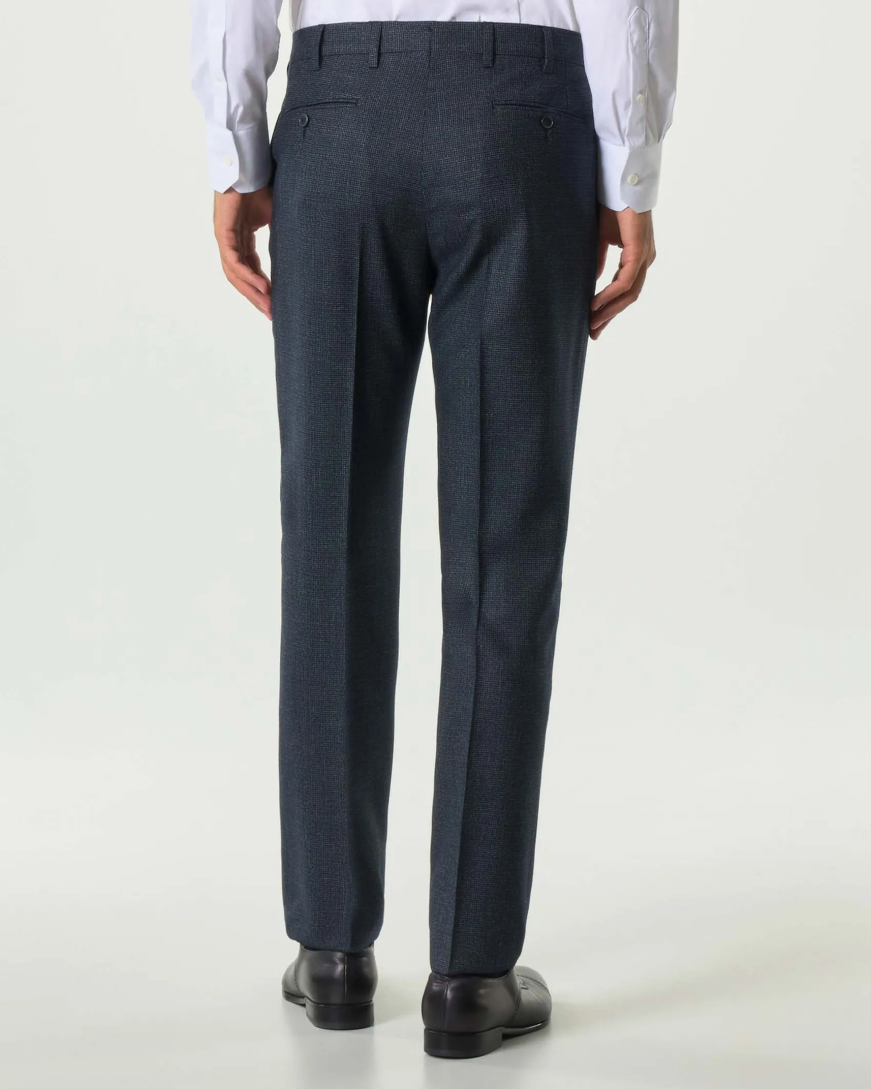 Abito Pellizzari drop6 blu micro pied de poule in tela di lana e seta Vitale Barberis Canonico