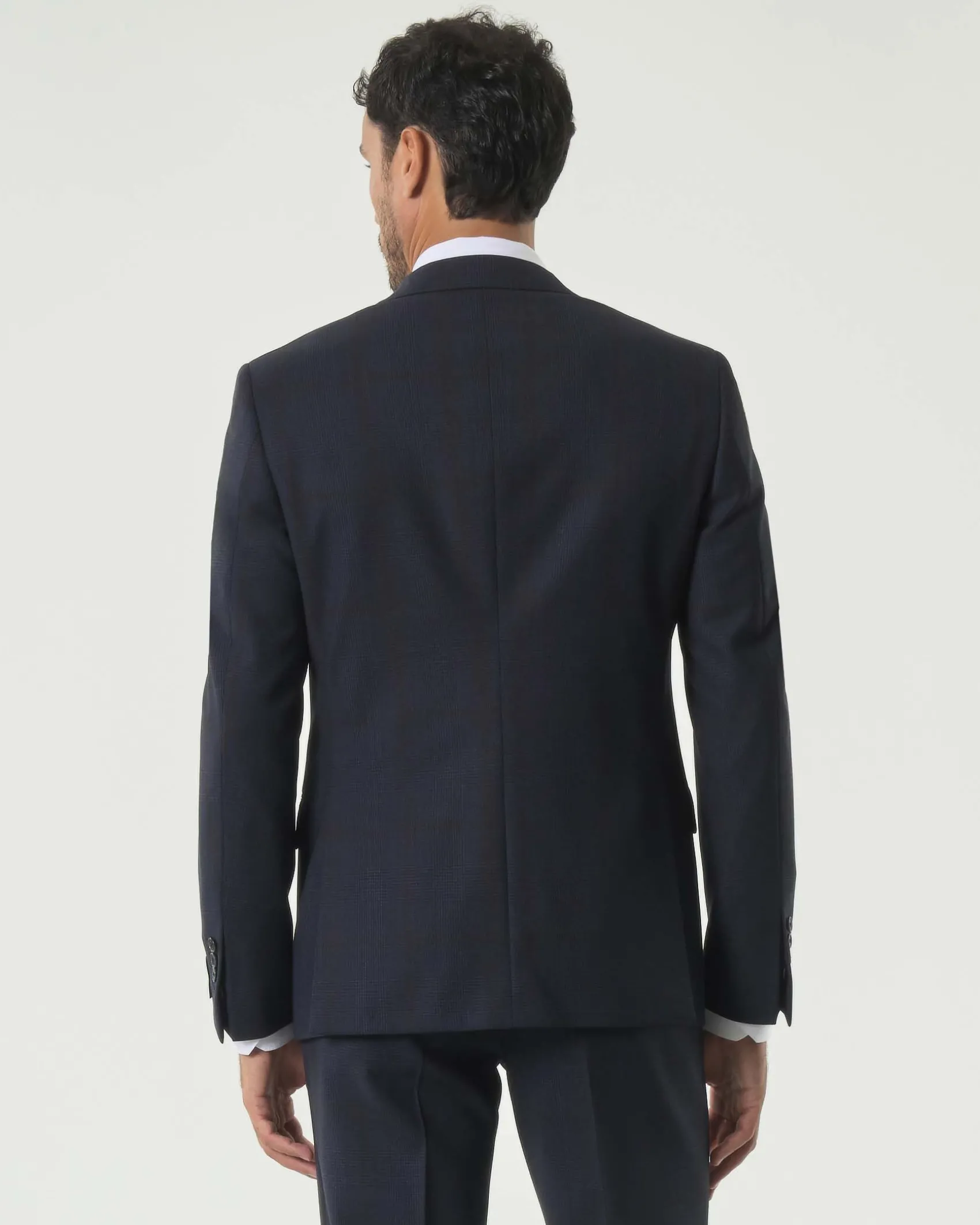 Abito Pellizzari drop7 in tela di lana Vitale Barberis Canonico principe di Galles blu e moro soffuso