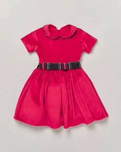 Abito rosso in velluto a manica corta con dettagli scozzesi 4-6 anni