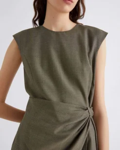 Abito smanicato corto verde militare Marella 365 in saglia di misto lana e viscosa con fusciacca sul fianco