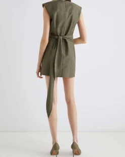 Abito smanicato corto verde militare Marella 365 in saglia di misto lana e viscosa con fusciacca sul fianco