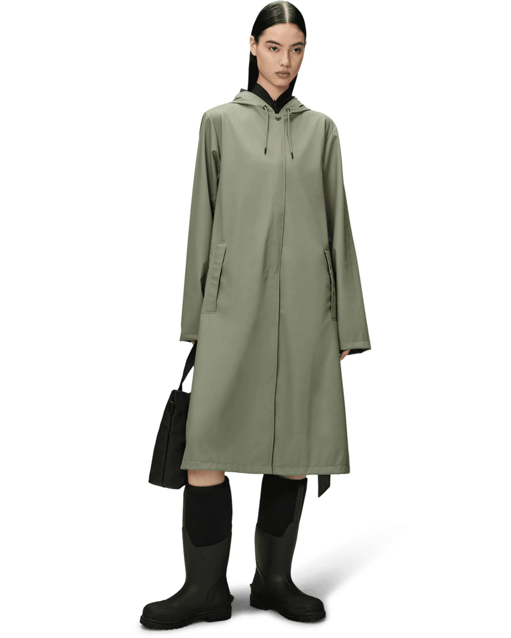 A-Line Longer W Jacket color verde salvia dalla linea svasata con cappuccio