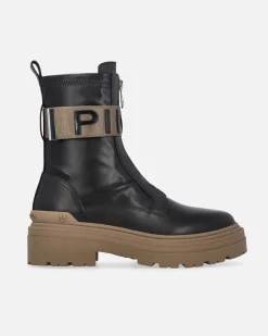 Anifibi neri Pinko in pelle senza lacci con suola e fascetta con scritta logo color khaki