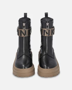 Anifibi neri Pinko in pelle senza lacci con suola e fascetta con scritta logo color khaki