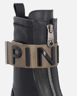 Anifibi neri Pinko in pelle senza lacci con suola e fascetta con scritta logo color khaki