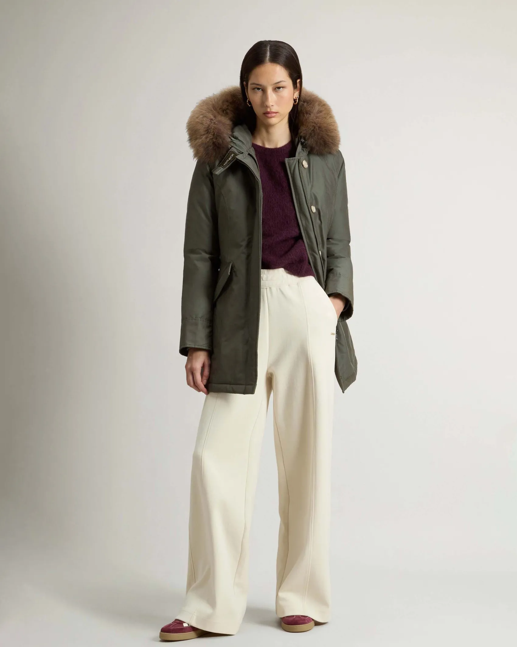 Arctic Parka Woolrich slim fit verde acqua imbottito in piuma naturale con bordatura in pelliccia