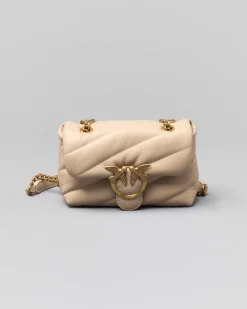 Baby Love Puff Bag in pelle beige lavorazione quilted e tracolla a catena dorata con fibbia Love Birds