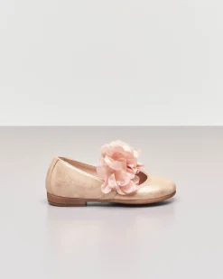 Ballerina da cerimonia in pelle cipria sfumata con fascetta e applicazione floreale 30-32