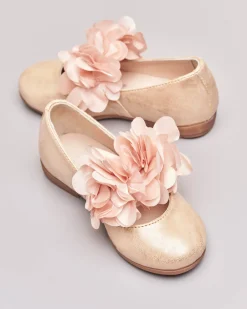 Ballerina da cerimonia in pelle cipria sfumata con fascetta e applicazione floreale 24-29