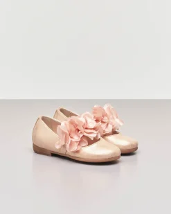 Ballerina da cerimonia in pelle cipria sfumata con fascetta e applicazione floreale 24-29