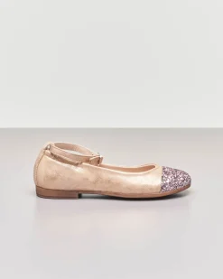 Ballerina da cerimonia in pelle cipria sfumata con inserto glitter sulla punta 30-34