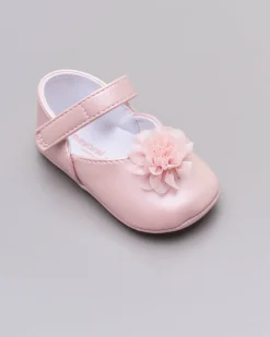 Ballerine in similpelle rosa con fiore in tulle applicato sul davanti e listino Mary Jane