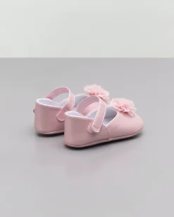 Ballerine in similpelle rosa con fiore in tulle applicato sul davanti e listino Mary Jane