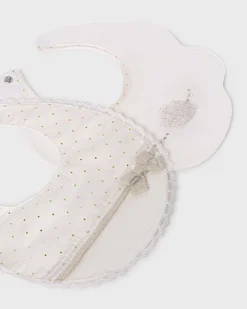 Bavaglini beige in cotone a fantasia a pois e fiorellino